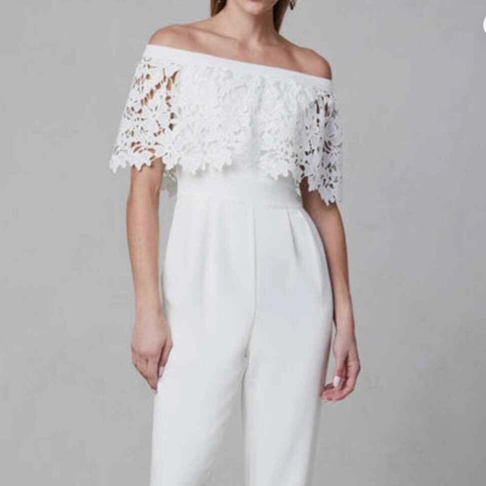 NWT Eliza J White Off-the-Shoulder Guipure Lace Jumpsuit